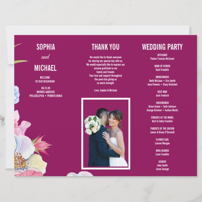 Blue Pink Watercolor Flowers Wedding Program Flyer (Front)