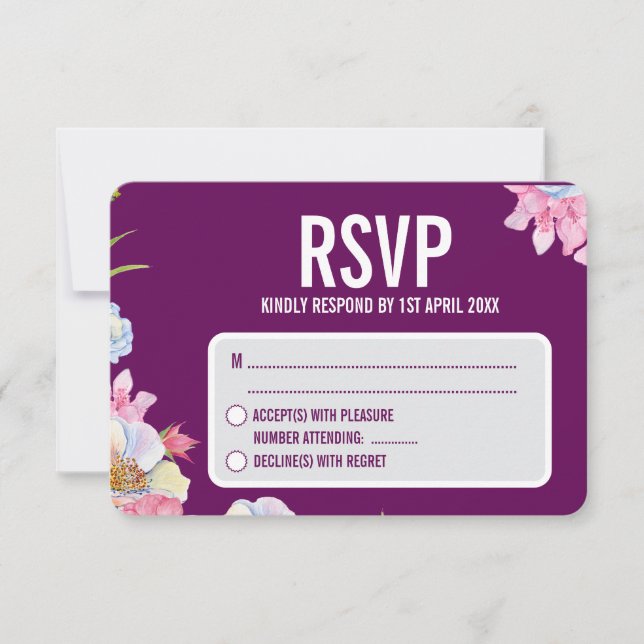 Blue Pink Watercolor Flowers Wedding  RSVP Card (Front)