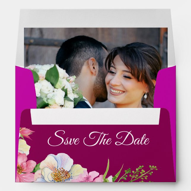 Blue Pink Watercolor Flowers Wedding Save The Date Envelope (Back (Bottom))