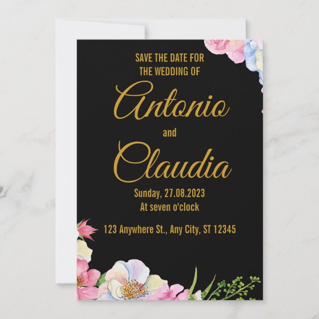 Blue Pink Watercolor Flowers Wedding Save The Date Invitation (Front)
