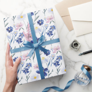 Blue & Pink Watercolor Wildflower Seamless Pattern Wrapping Paper