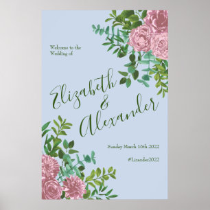 Blue Pink Wedding Floral Roses Poster
