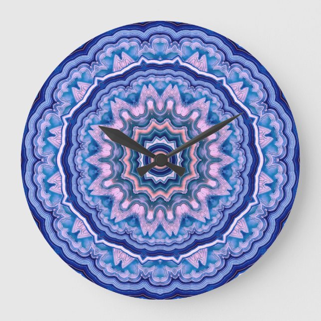 Blue Pink White Agate Boho Mandala  Large Clock (Front)
