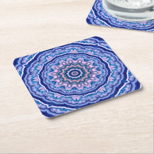 Blue Pink White Agate Boho Mandala  Square Paper Coaster