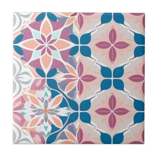 Blue, pink, white and beige floral ceramic tile (Front)