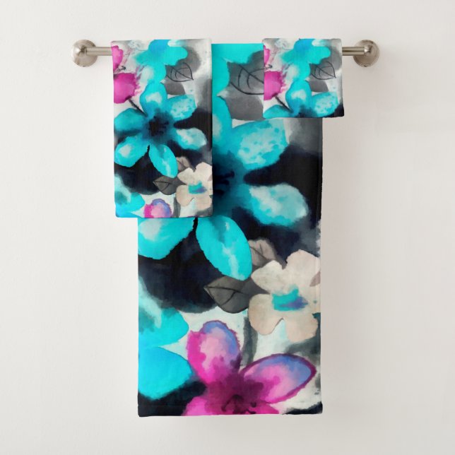 Blue Pink White Black Watercolor Flowers Bath Towel Set (Insitu)
