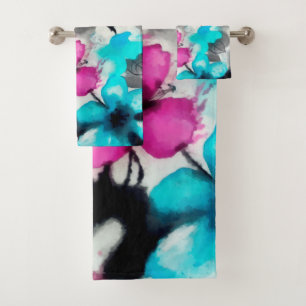Blue Pink White Black Watercolor Flowers   Bath Towel Set