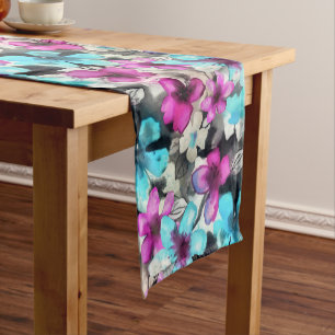 Blue Pink White Black Watercolor Flowers Pattern Short Table Runner