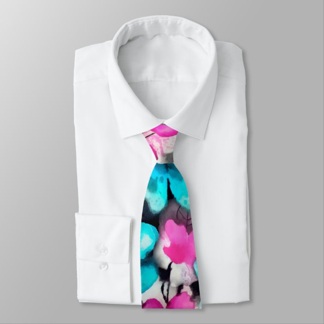 Blue Pink White Black Watercolor Flowers  Tie (Tied)