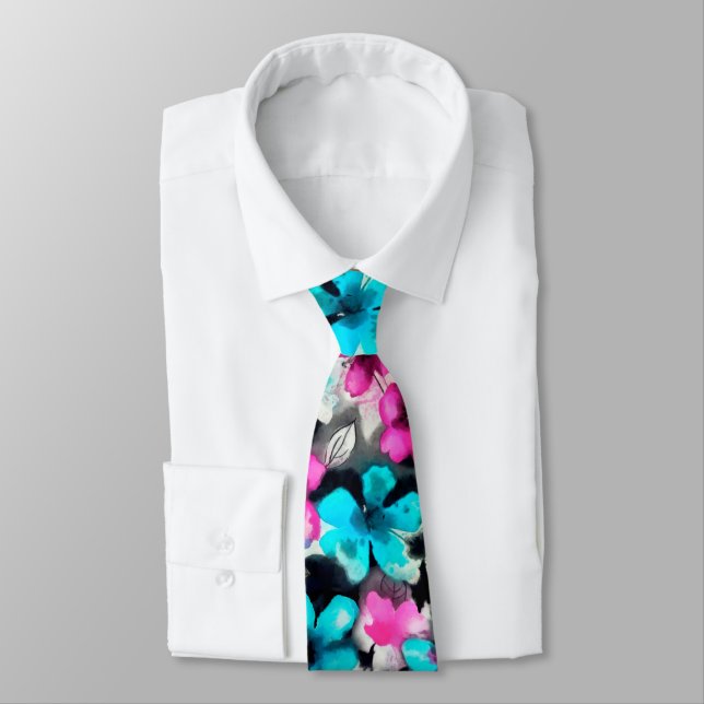 Blue Pink White Black Watercolor Flowers   Tie (Tied)