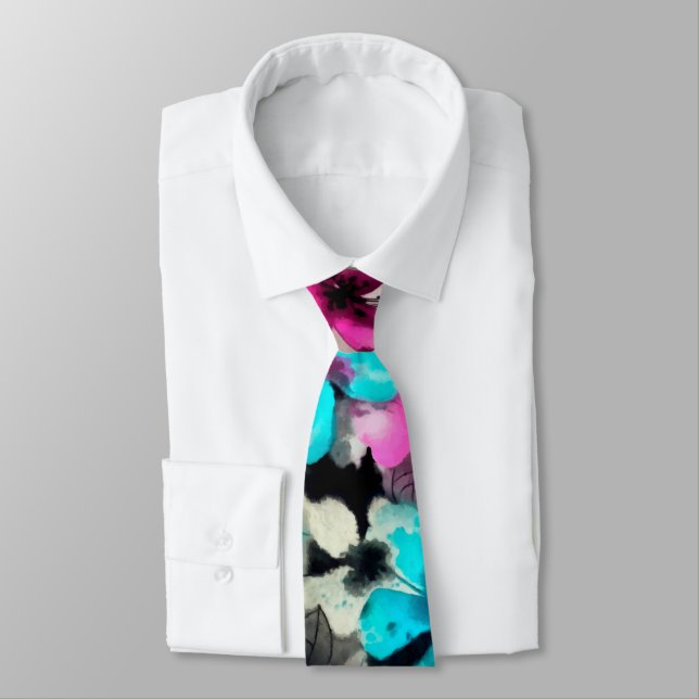 Blue Pink White Black Watercolor Flowers   Tie (Tied)