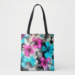 Blue Pink White Black Watercolor Flowers Tote Bag