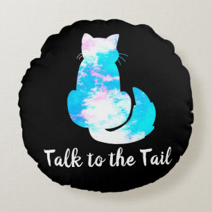 Blue Pink White Cat Abstract Talk to the Tail Round Cushion