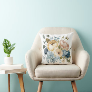 Blue Pink White Floral Flowers Greenery Watercolor Cushion