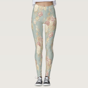 Blue Pink White Floral Flowers Shabby Chic Leggings