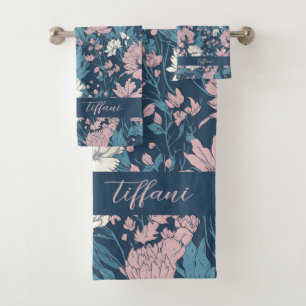 Blue Pink  White Flowers Blue Background  Bath Towel Set