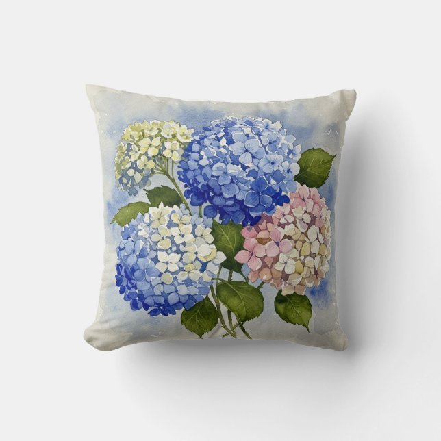 Blue Pink White Hydrangea Flower Pillow (Front)