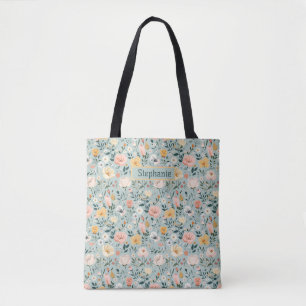Blue Pink White Peach Floral Flowers Bridesmaid  Tote Bag