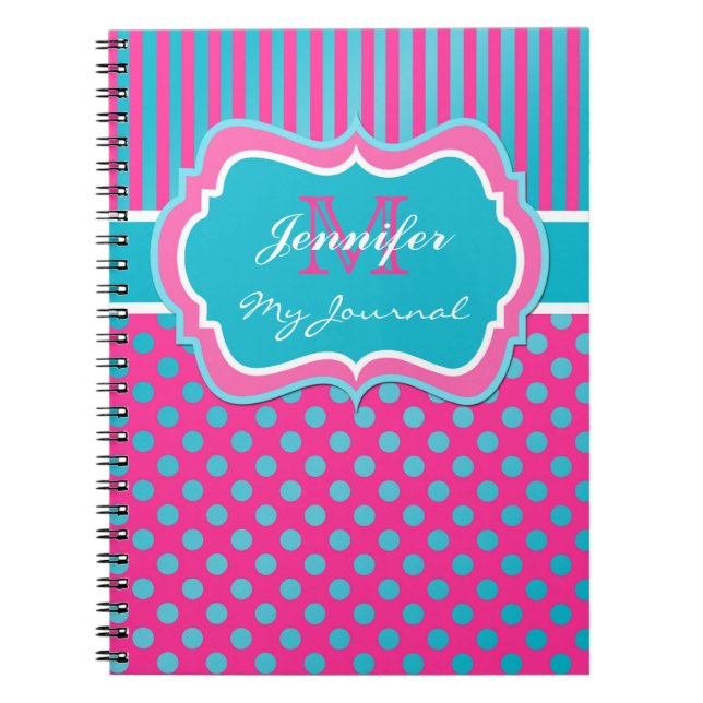 Blue Pink White Polka Dot Striped Journal Notebook (Front)