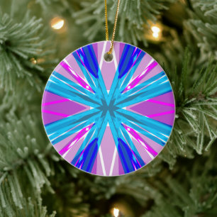 Blue Pink White Star Snowflake Winter Christmas Ceramic Ornament