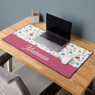 Blue Pink Wildflower Botanical Custom Name Desk Mat