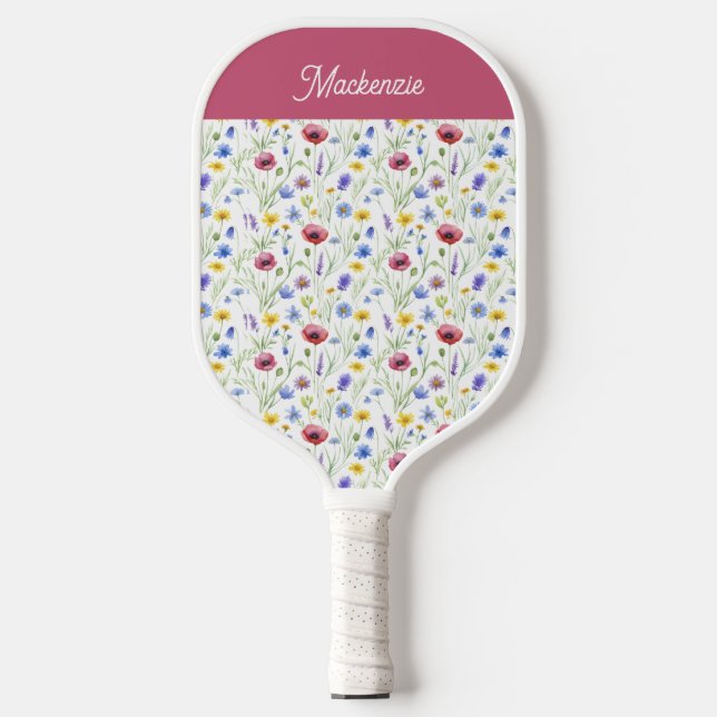 Blue Pink Wildflower Botanical Custom Name Pickleball Paddle (Front)