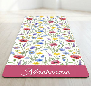 Blue Pink Wildflower Botanical Custom Name Yoga Mat