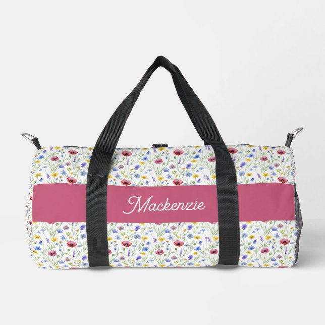 Blue Pink Wildflower Watercolor Monogram Name  Duffle Bag (Front)