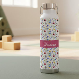 Blue Pink Wildflower Watercolor Monogram Name  Water Bottle
