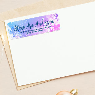 Blue Pink Winter Snowflakes Modern Script Label Return Address Label