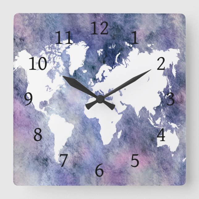 Blue Pink World Map Design 65 Square Wall Clock (Front)