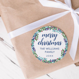 Blue & Pink Wreath Merry Christmas Classic Round Sticker