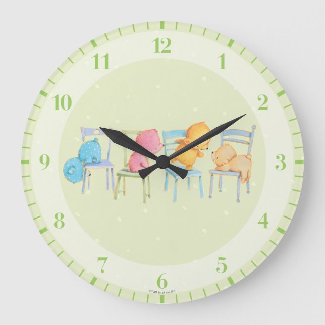 Blue, Pink, Yellow, and Brown Bears Play Large Clock (Front)