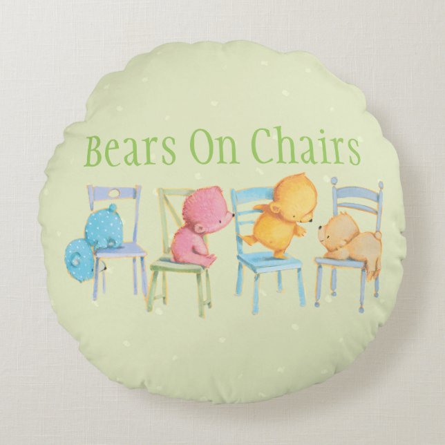 Blue, Pink, Yellow, and Brown Bears Play Round Cushion (Front)