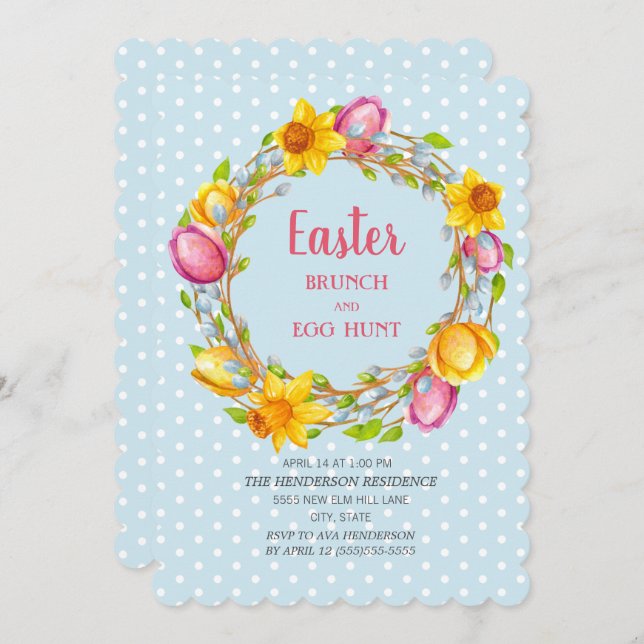Blue Pink Yellow Floral Easter Brunch Egg Hunt Invitation (Front/Back)