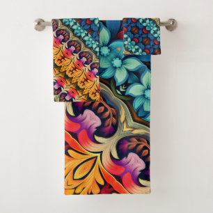 blue pink yellow Flowers Bath Towel Set