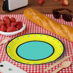 Blue Pink Yellow Geometric Polka Dots Paper Plate