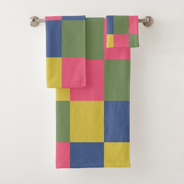 Blue Pink Yellow Green Chequerboard Bath Towel Set (Insitu)