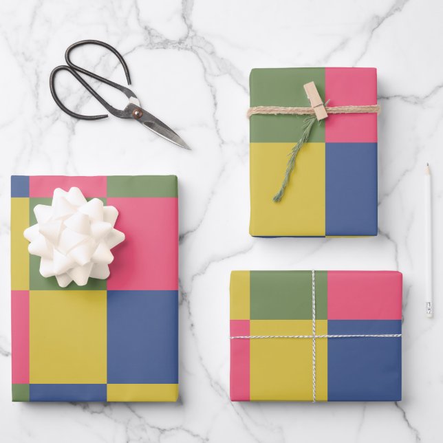 Blue Pink Yellow Green Chequerboard Wrapping Paper Sheet (Front)