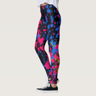 Blue Pink Yellow Paint Splatters on Black Leggings