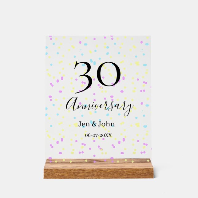 Blue pink yellow polka dots 30th anniversary name  acrylic sign (Front)