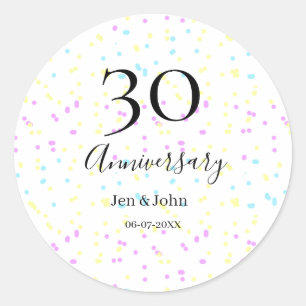 Blue pink yellow polka dots 30th anniversary name classic round sticker