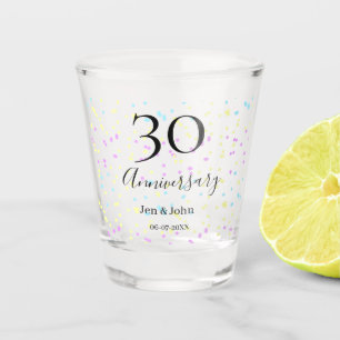 Blue pink yellow polka dots 30th anniversary name shot glass