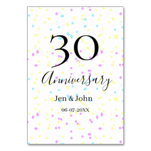 Blue pink yellow polka dots 30th anniversary name table number