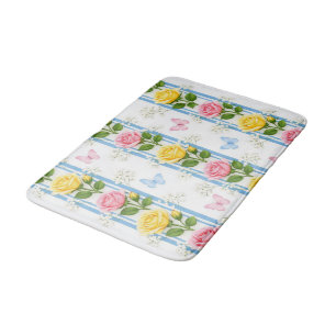 Blue Pink & Yellow Roses Stripe Bathmat Floral