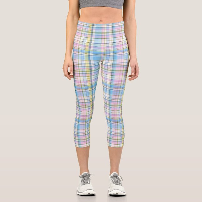 Blue Pink Yellow White Preppy Madras Plaid Capri Leggings (Front)