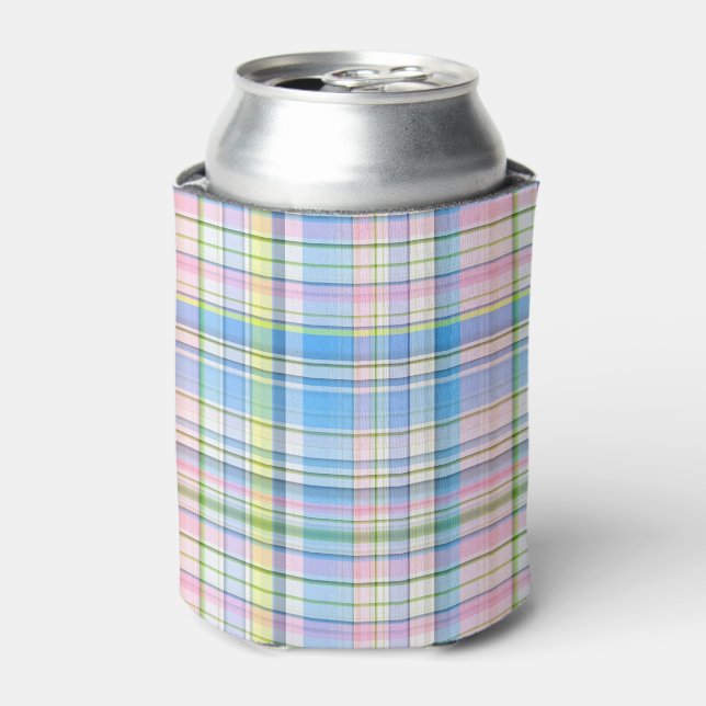 Blue Pink Yellow Wht Preppy Madras Can Cooler (Can Front)