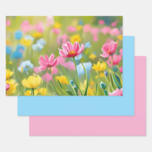 Blue Pink Yellow Wild Flowers Field 2025 Wrapping Paper Sheet
