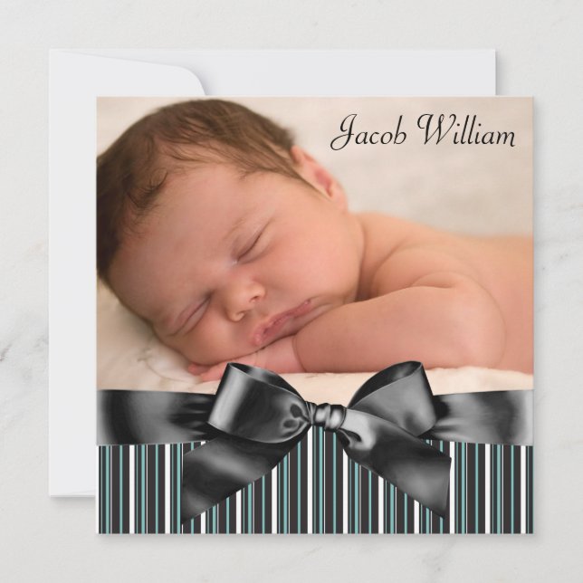 Blue Pinstripe Baby Boy Photo Birth Announcement (Front)