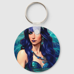 Blue Pisces Mermaid Queen Original Fantasy art Key Ring